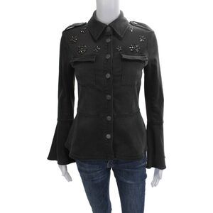 Scripted Womens Military Jacket Black Collared Button Fall Size XS